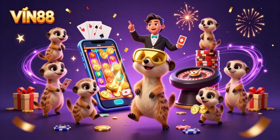 Experience the thrilling world of VIN88 with meerkats managing a vibrant casino operation.