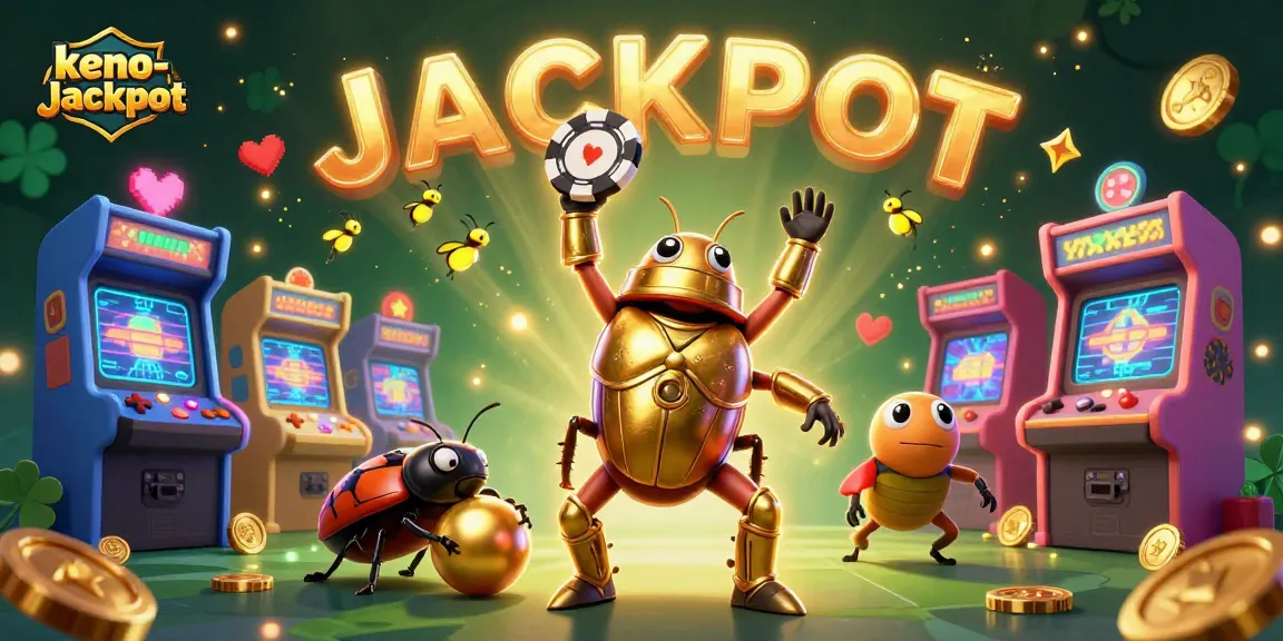 Experience the thrill of keno-jackpot with a dynamic 3D illustration featuring beetles and gaming elements.
