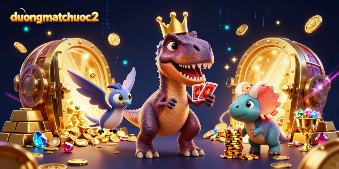 Engage in duongmatchuoc2’s thrilling game with a T-Rex, pterodactyl, and triceratops amidst gold treasures.