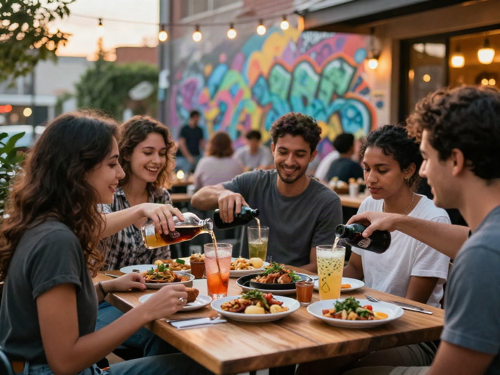 Friends enjoying diverse dishes at kebuntoto café, capturing lively urban dining.
