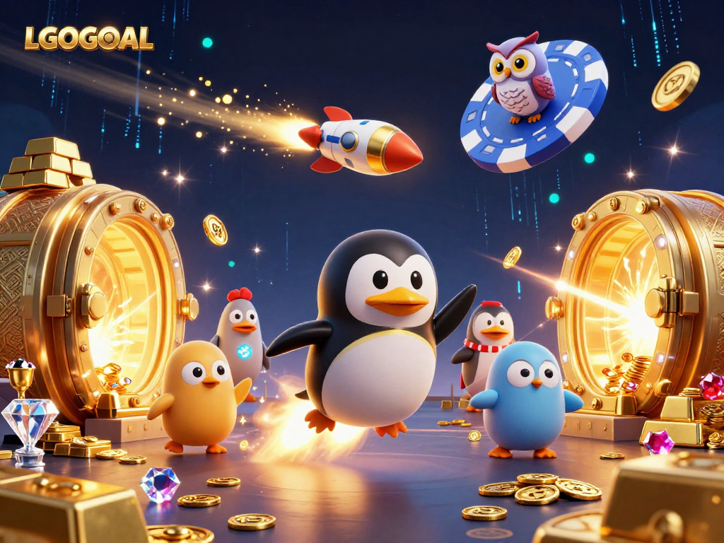 Win big with LGOGOAL as a golden penguin races through a casino-themed galaxy!