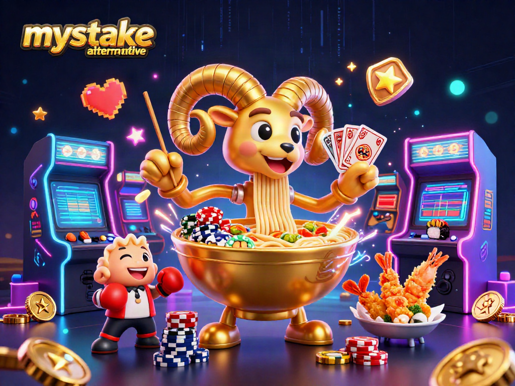 Engage with a vibrant 3D scene showcasing the mystake alternative with dynamic casino elements.