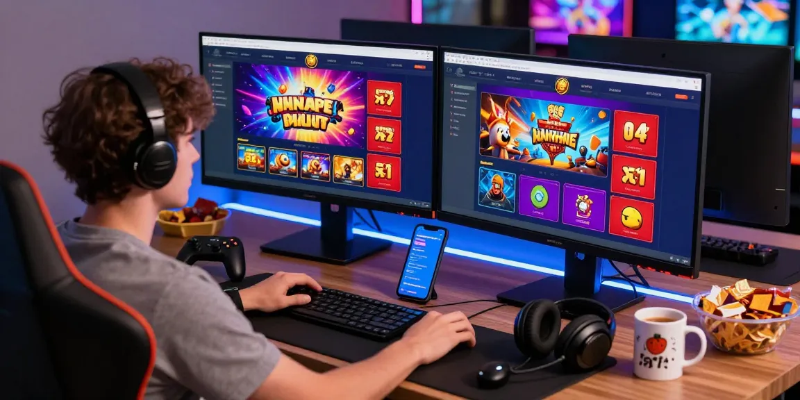 Engaged player exploring rutanslot online gaming options on dual screens in vibrant workspace