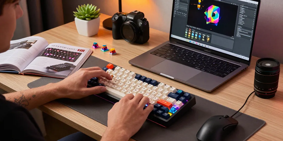 MCHOSE keyboard assembly in a modern workspace, featuring vibrant keycaps and switches for a custom mechanical keyboard build.