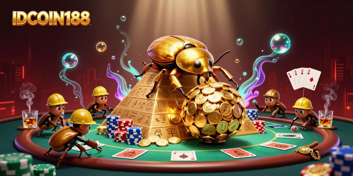Engage with IDCOIN188 as the massive golden dung beetle rolls coins amid vibrant casino scenes.