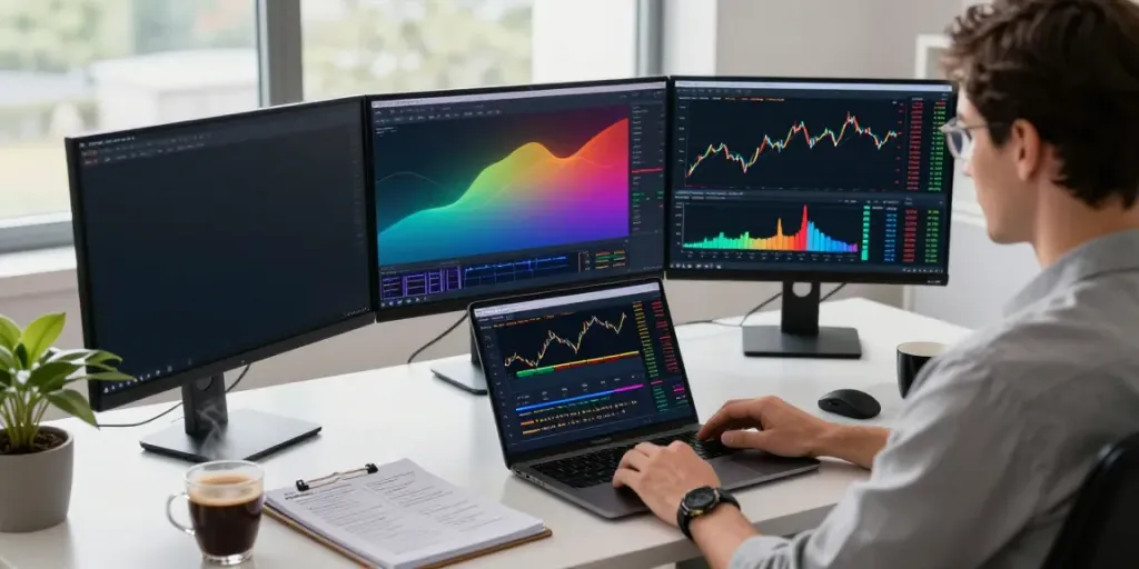 TradingView display with financial charts in a professional home office setup.