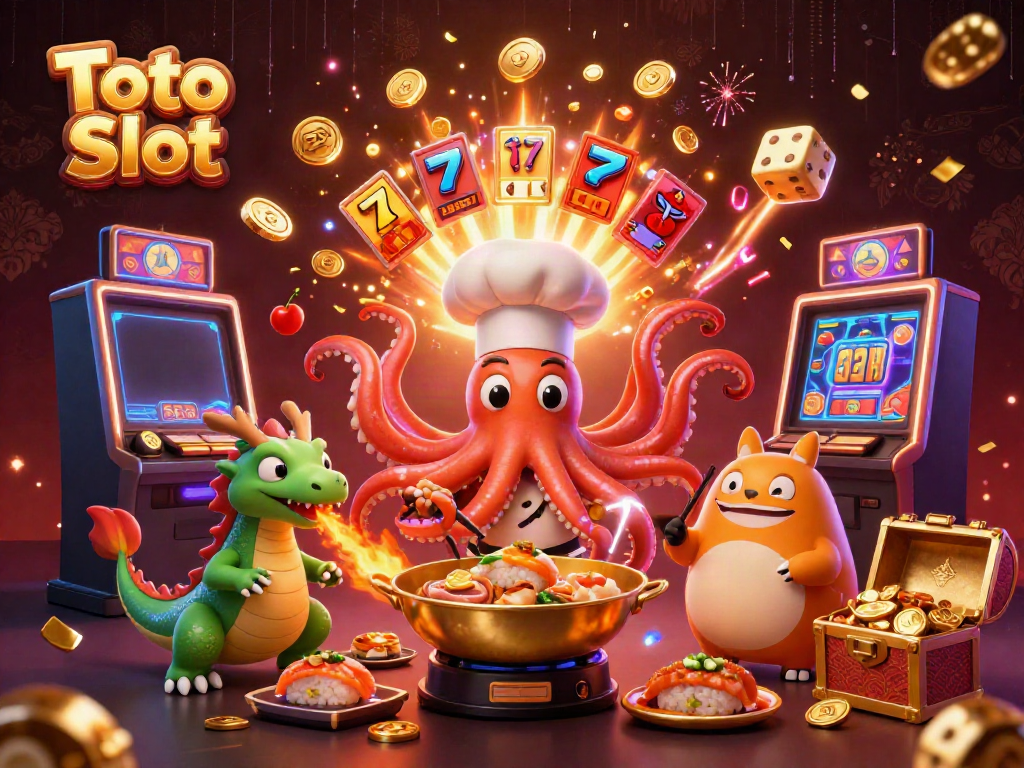 Gambarkan kegembiraan Toto Slot dengan koki gurita dan naga kawan di kasino.