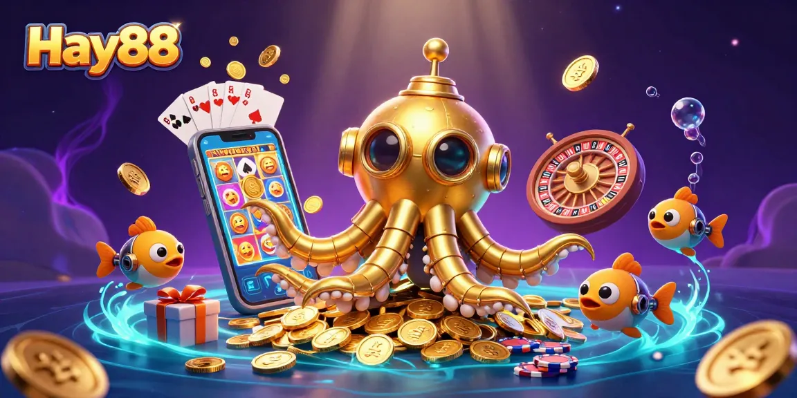 Experience thrilling gaming with Hay88's golden kraken submarine surfacing amidst golden coins and dynamic slot elements.
