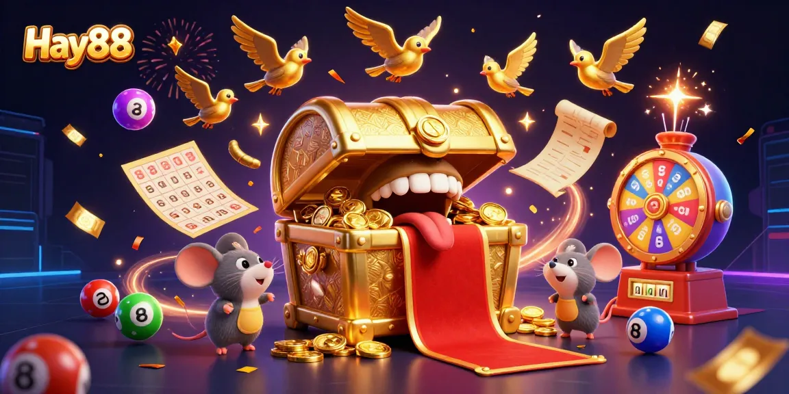 Engage in gaming excitement with Hay88's vibrant treasure-filled 3D scene, showcasing adventure and prizes.