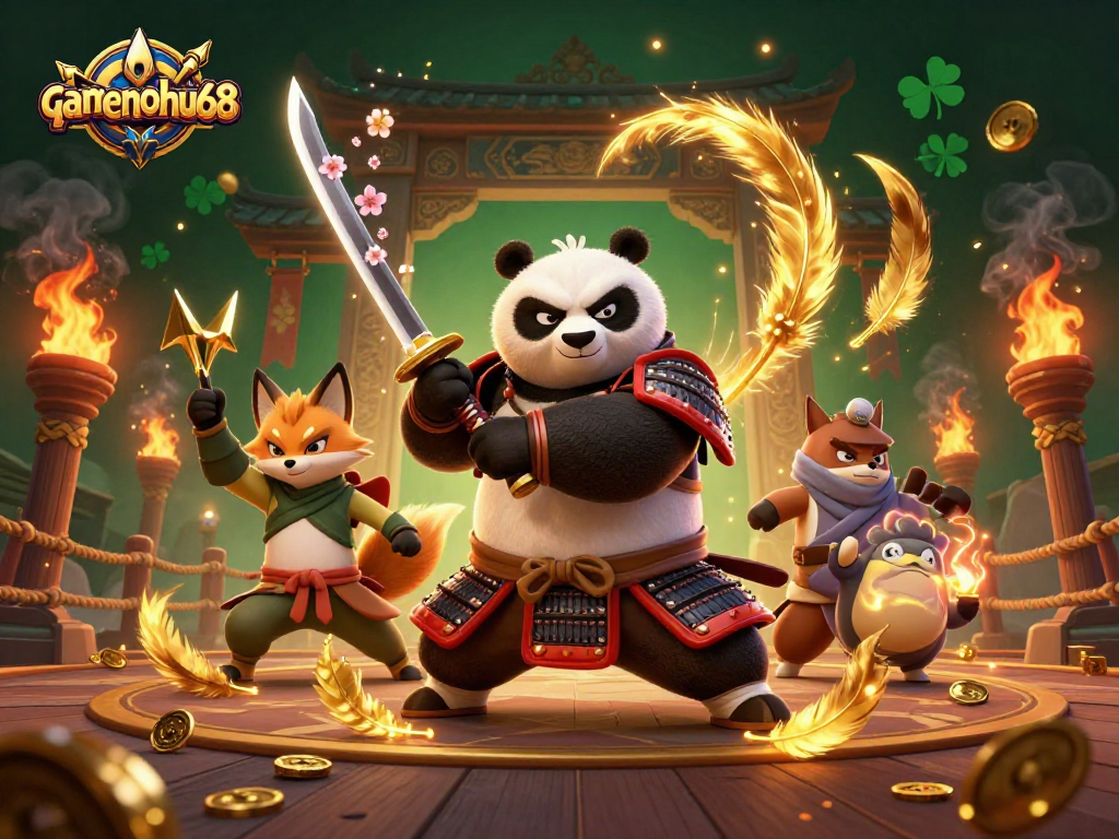 Engage with gamenohu68's thrilling gaming atmosphere, featuring samurai panda and ninja fox in a vibrant casino showdown.