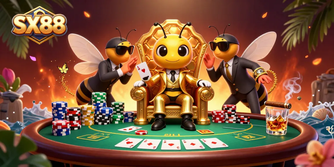 SX88 casino scene showing a bumblebee mob boss and wasp bodyguards at a vibrant poker table