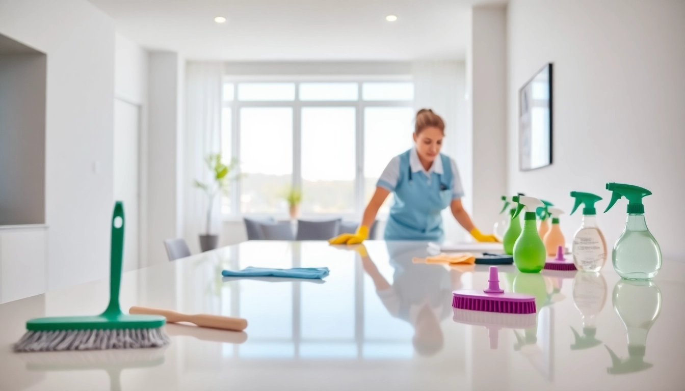 Bond cleaning service in action showcasing bright surfaces and organized cleaning tools.