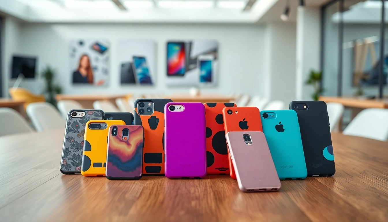 Showcase of diverse cell phone case manufacturers with vibrant designs and modern settings.