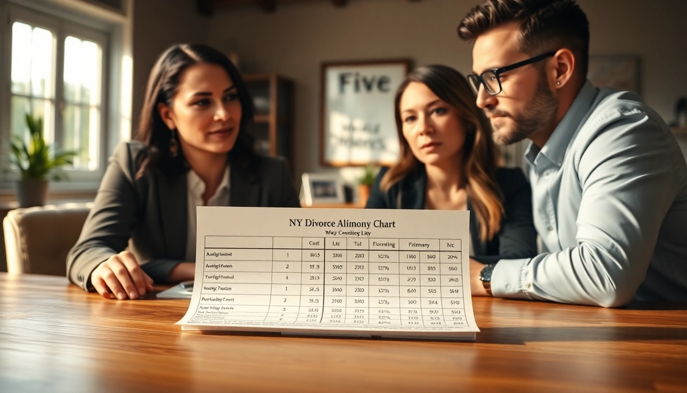 A couple reviewing the NY divorce alimony chart in a warm, professional setting, reflecting focus and engagement.