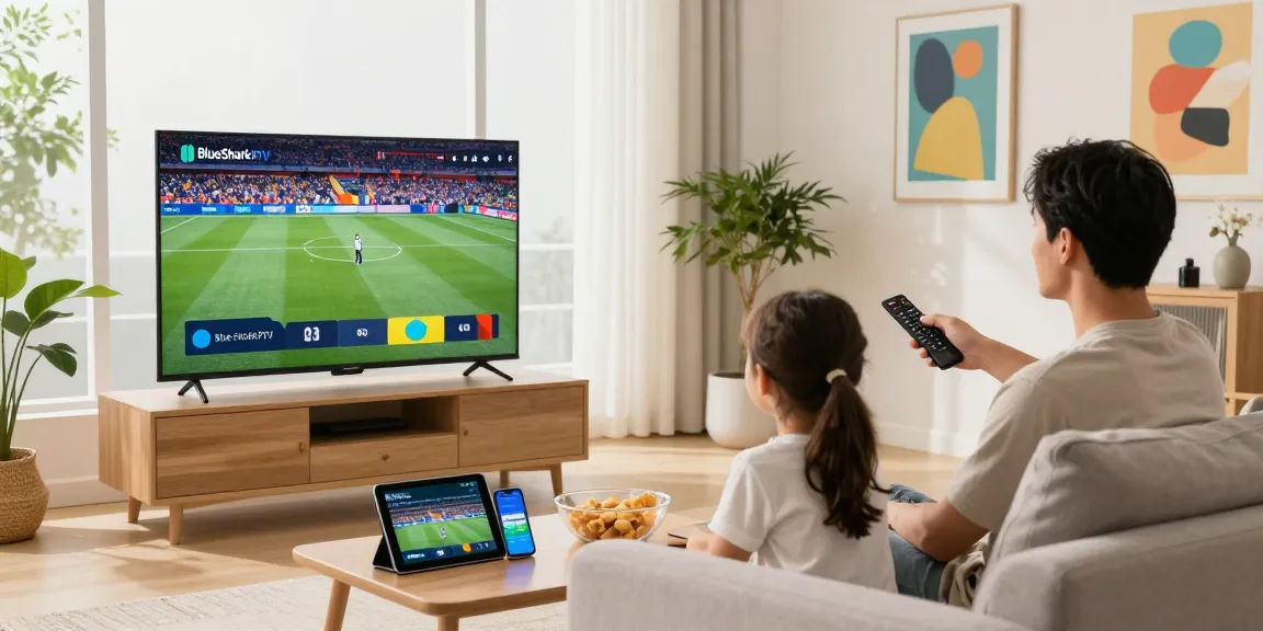 Family enjoying BlueSharkIPTV streaming live sports and movies in a cozy living room setting