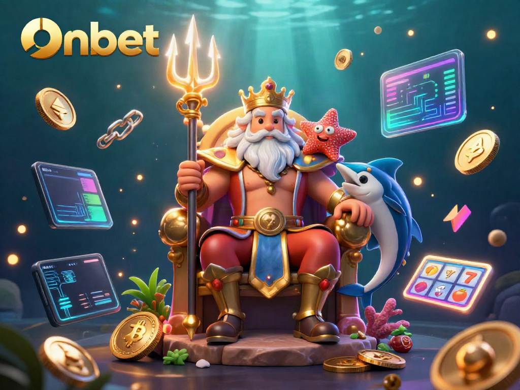 Engage with Onbet's thrilling casino animation showcasing Neptune, a swordfish samurai, and vibrant crypto elements.