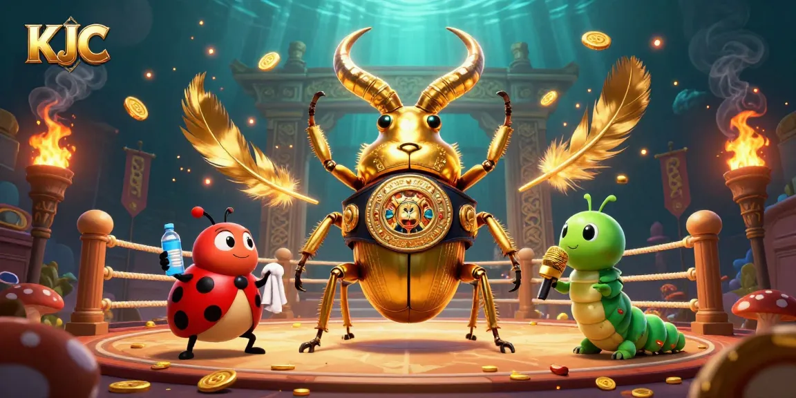 Experience thrilling action with KJC's giant beetle champ in a vibrant betting arena.