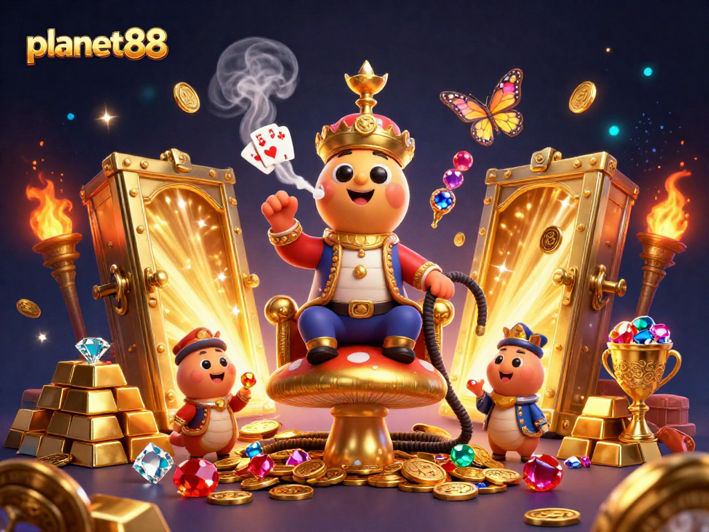 Experience the thrill of winning at planet88 with engaging characters and dazzling treasures in this vibrant illustration.