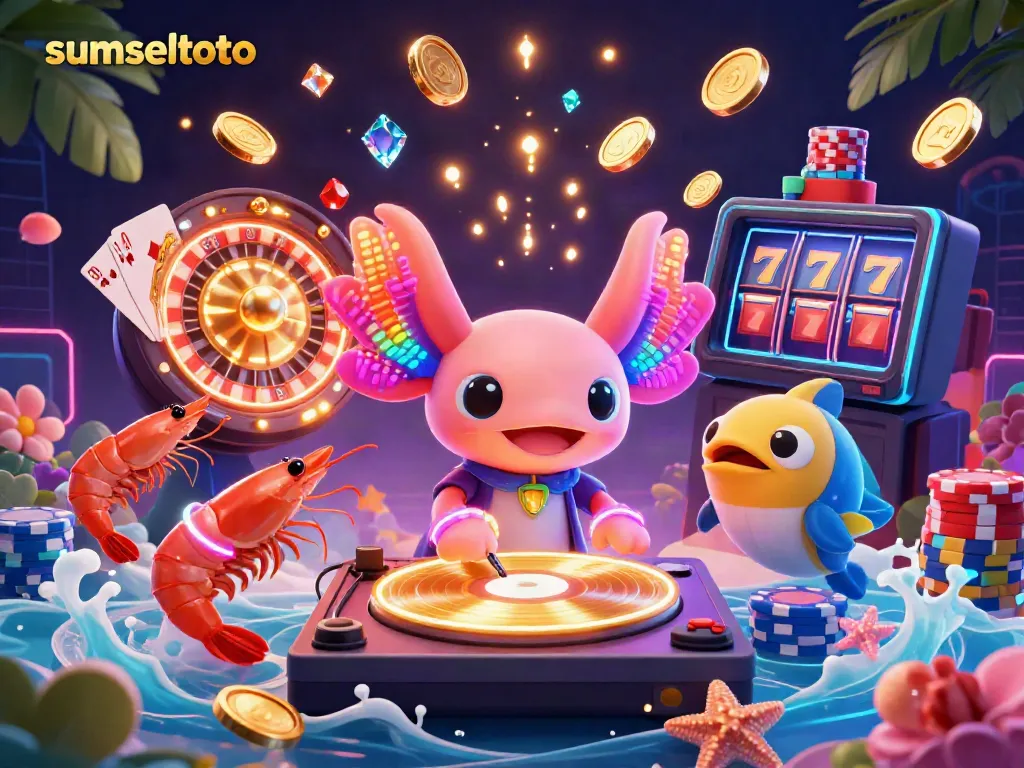 Experience the vibrant energy of sumseltoto's neon-themed casino scene featuring an axolotl DJ and high-stakes gaming elements.