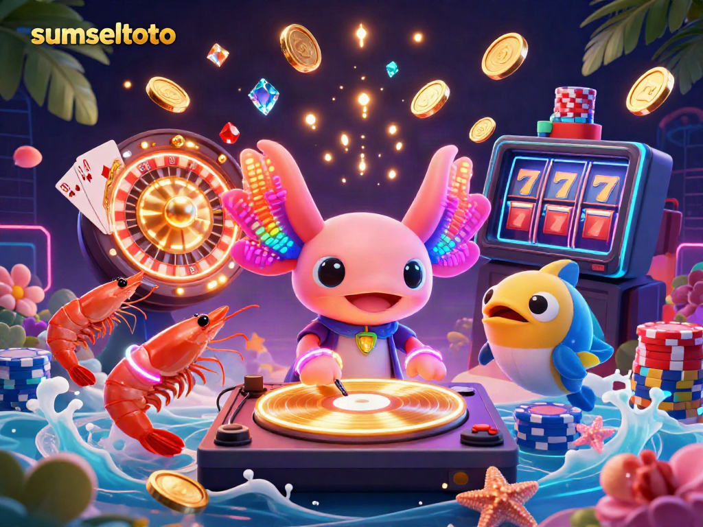 Experience the vibrant energy of sumseltoto's neon-themed casino scene featuring an axolotl DJ and high-stakes gaming elements.