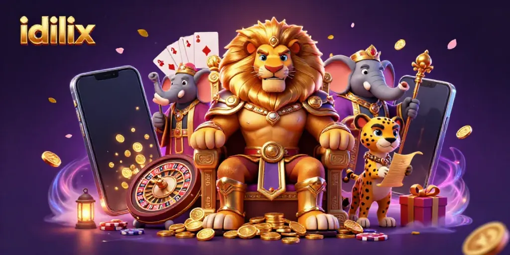 Engage with idlix's vibrant casino scene featuring a lion king on a golden throne surrounded by gaming elements.