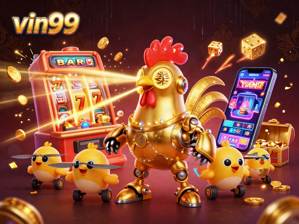 Engrave winning patterns with vin99's golden rooster robot amidst vibrant casino excitement.