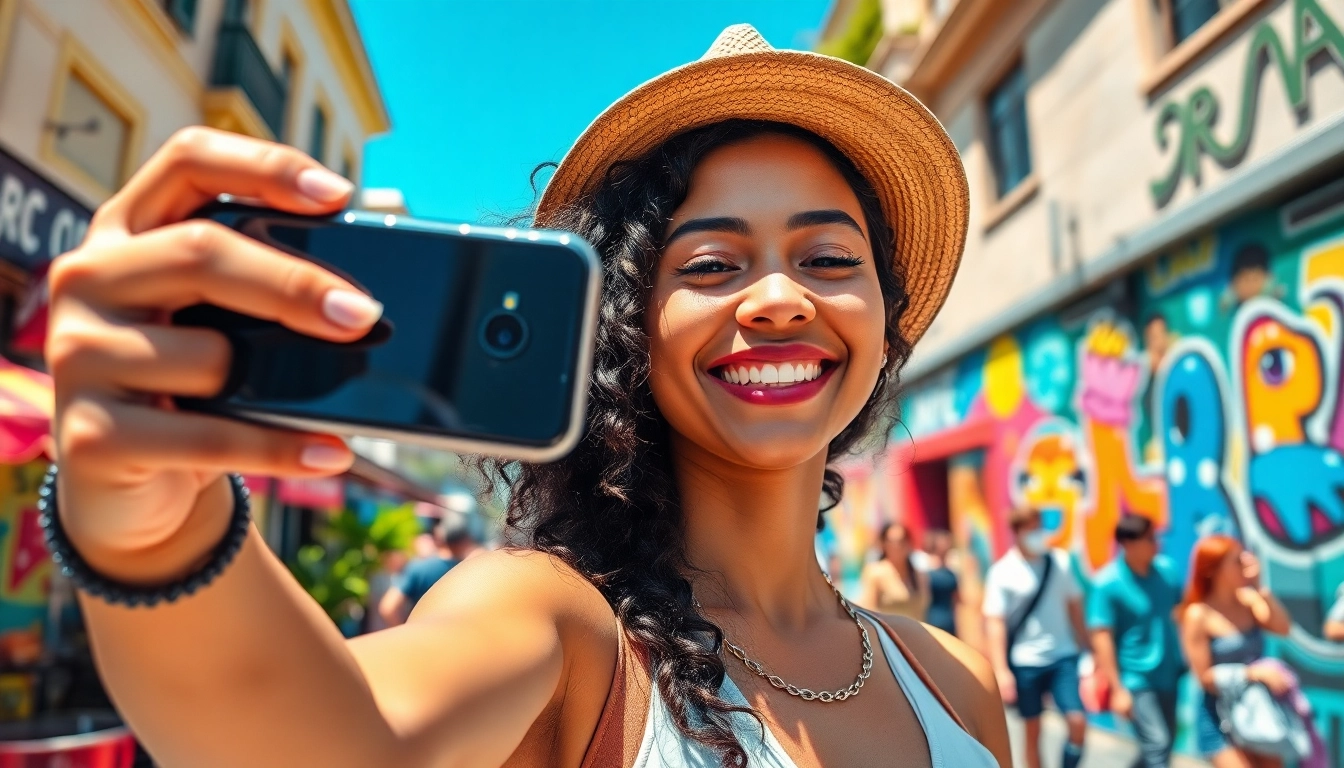 Young woman joyfully taking a selfie against a colorful urban backdrop.