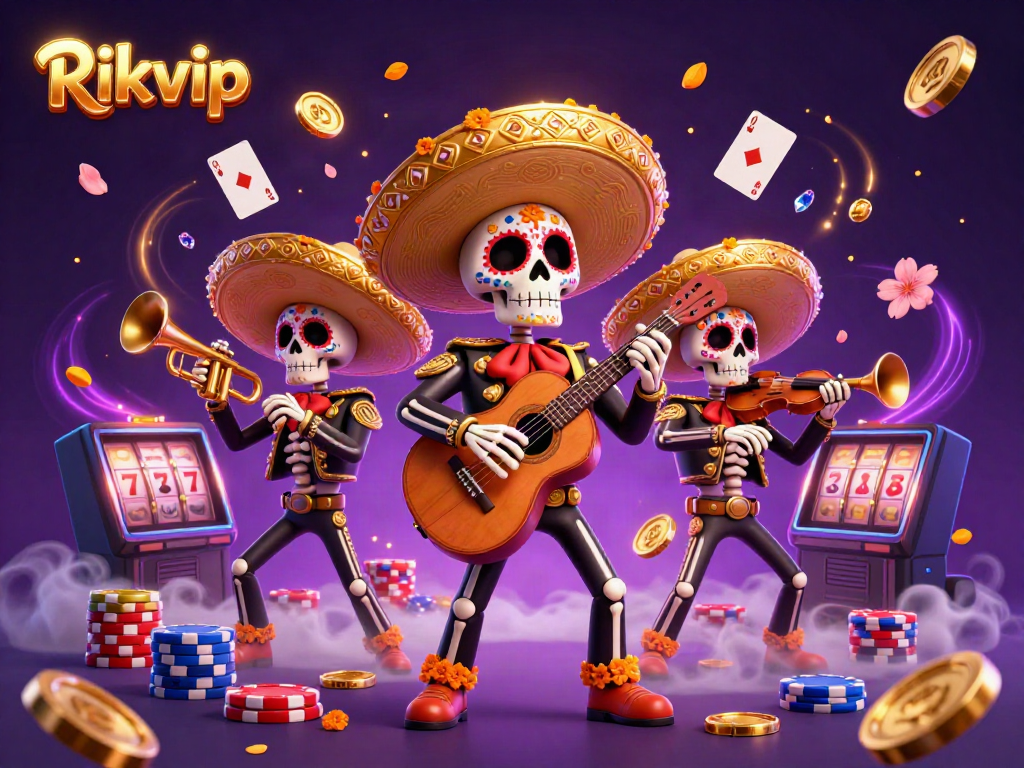 Experience vibrant gambling action with the Rikvip mariachi band amid cascading coins and colorful poker chips.
