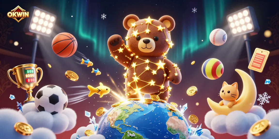 Experience thrilling gaming moments with OKWIN's 3D animated scene showcasing vibrant casino elements.