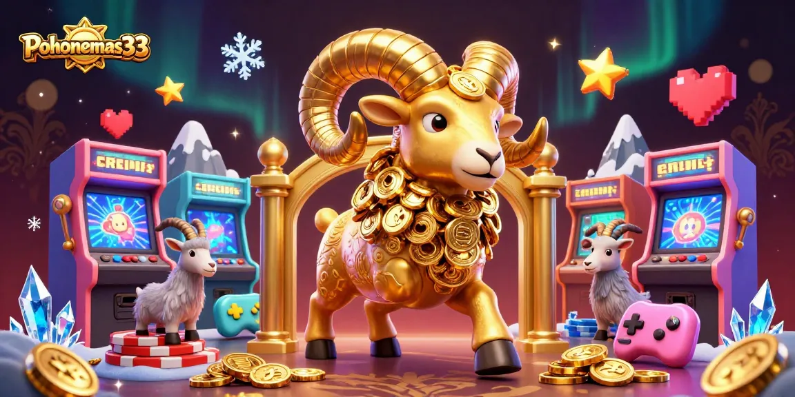 Pohonemas33 showcases a golden ram charging through a casino scene filled with vibrant 3D game elements.