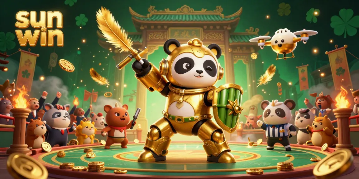 Experience the sun win excitement in a vibrant casino arena with a golden panda pilot and colorful game elements.