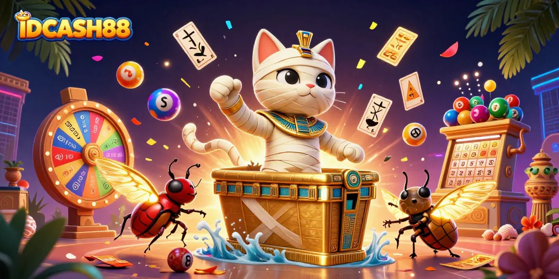 Engage with IDCASH88 and win in a vibrant casino scene featuring a mummy cat and dynamic lottery elements.