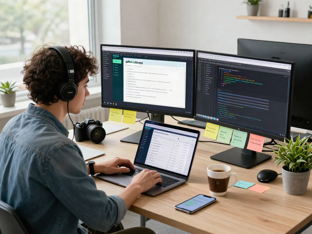 Developer designing gbwhatsapp interface in a vibrant, modern workspace, showcasing a tech-savvy environment.