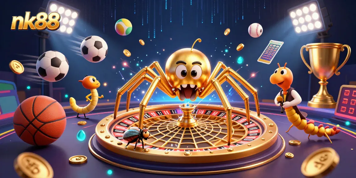 Betting at nk88 with a unique golden spider roulette and dynamic sports elements, showcasing excitement.