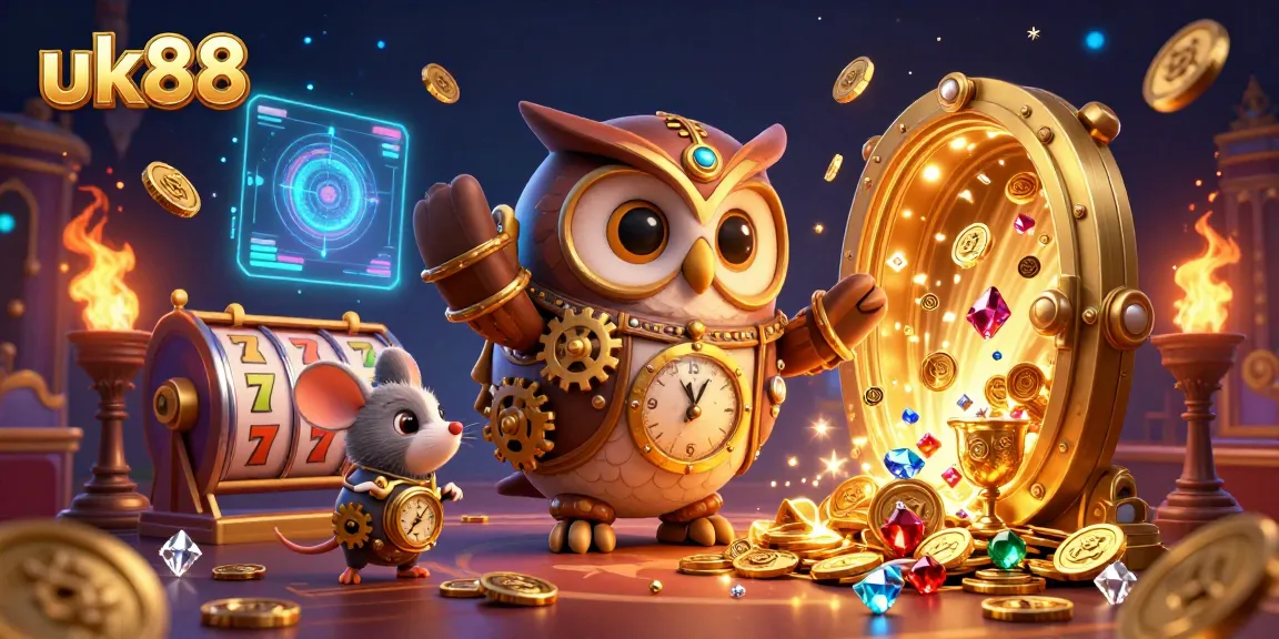 Experience the excitement at uk88 as the time-traveling owl explores the golden treasures of the casino.