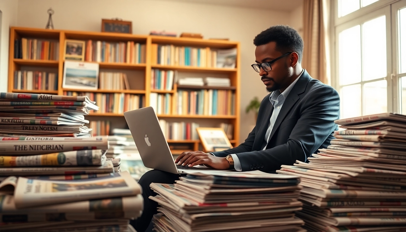 Nigerian Newspapers stacked on a desk near a dedicated journalist in a cozy office.