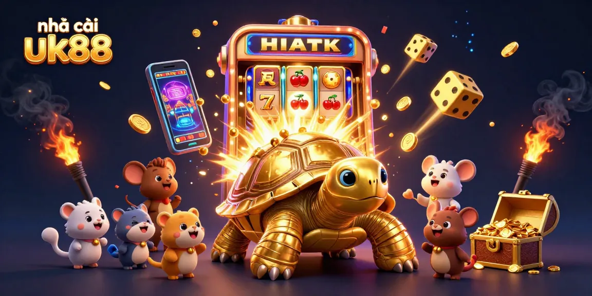 Experience the thrill at nhà cái uk88 with a stunning golden tortoise pinball machine and vibrant casino elements.