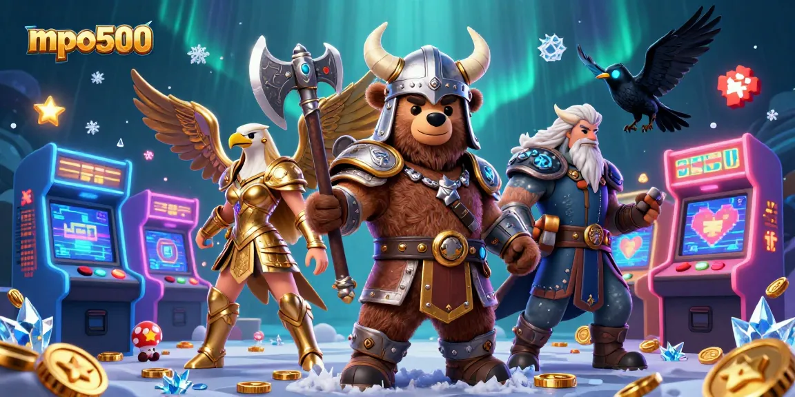 Engage with mpo500 and explore the gaming world through vibrant 3D characters and arcade elements.