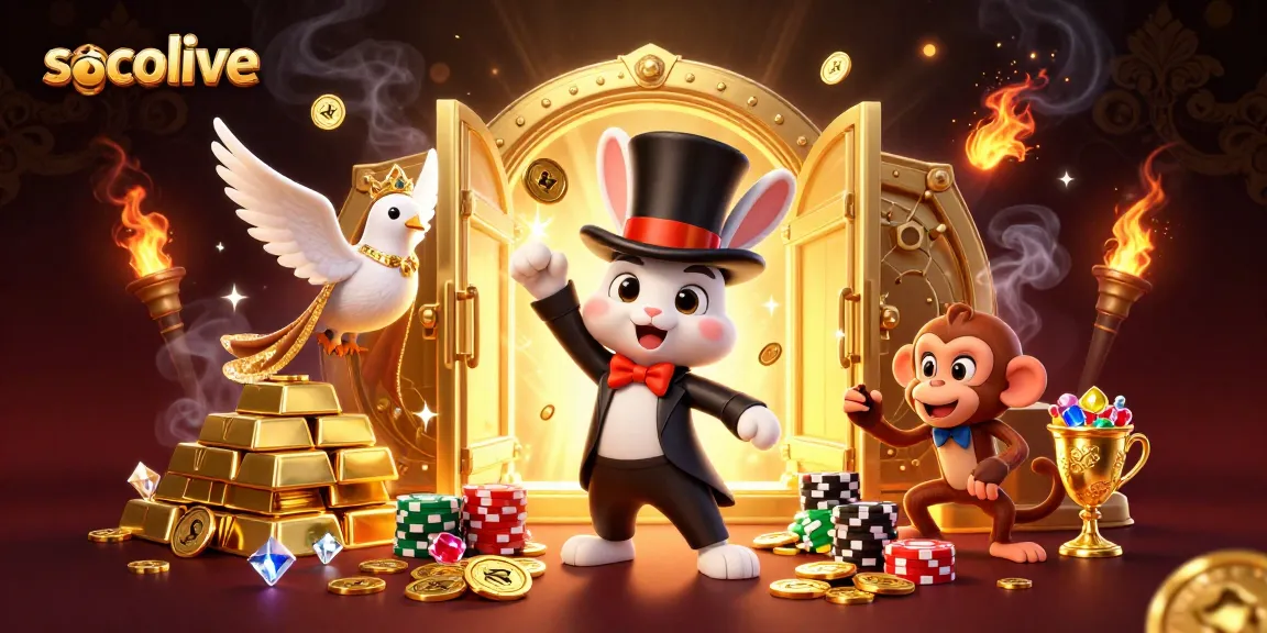 Socolive showcases a vibrant 3D scene with a magician rabbit and poker-themed elements for excitement.