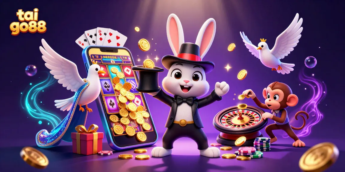 Interact with tai go88 as a magician rabbit conjures golden coins amidst casino magic and vibrant game elements.