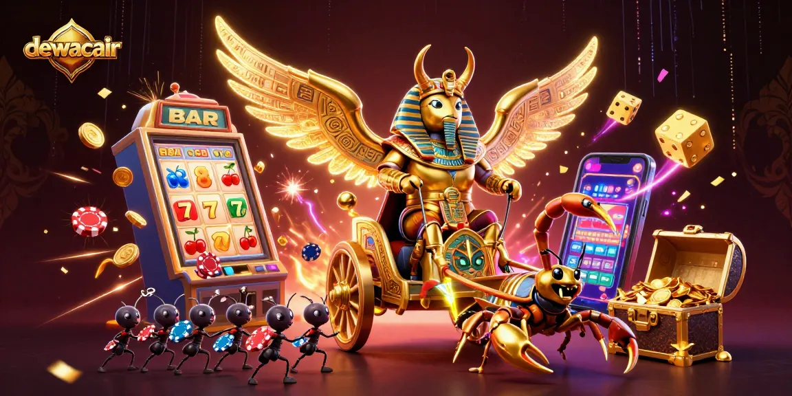 Engage in thrilling slots at dewacair, featuring a vibrant casino scene with gold-filled treasures.