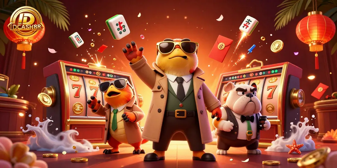 Experience thrilling gameplay at IDCASH88 with a vibrant casino scene featuring animated characters.