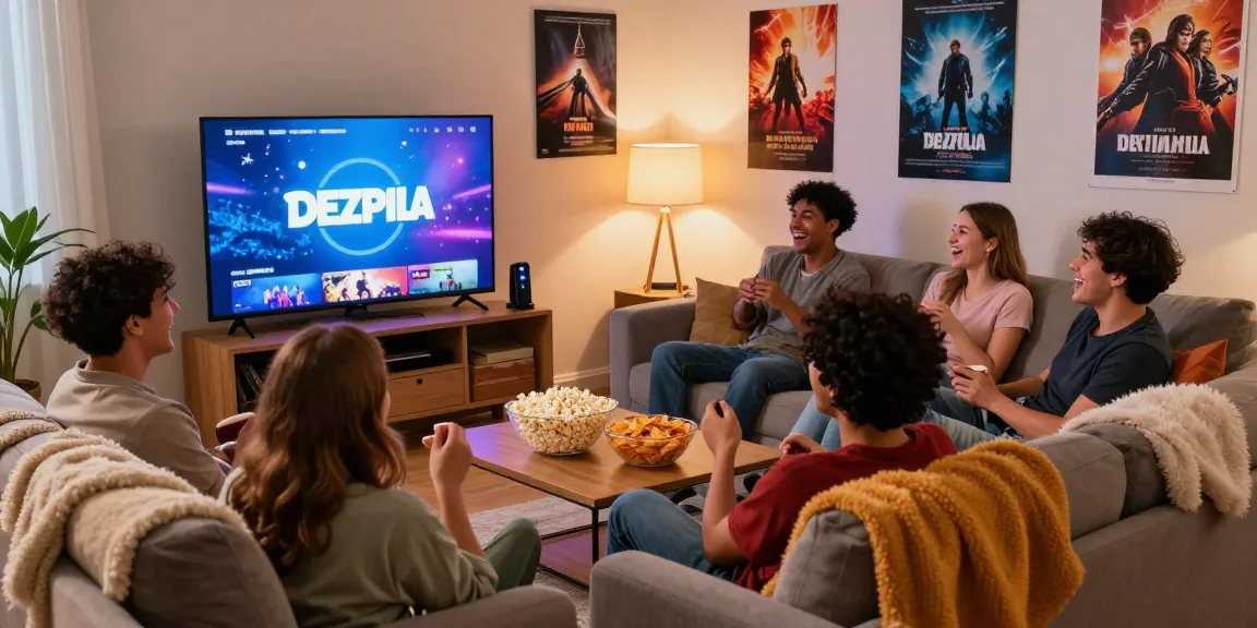 Friends enjoying a movie night with Dezpila streaming service in a cozy living room.