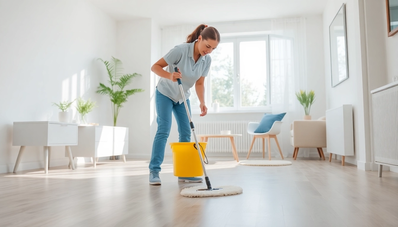 Bond cleaning in progress with a cleaner scrubbing floors in a bright, tidy room.
