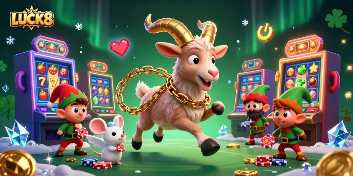 LUCK8 casino scene showcasing Krampus and elf gremlins amidst colorful slot machines and festive elements, enhancing user experience.