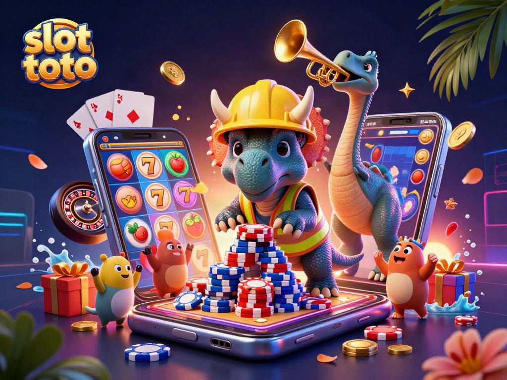 Engage with slot toto as a colorful triceratops builds poker chip pyramid amidst gaming excitement.