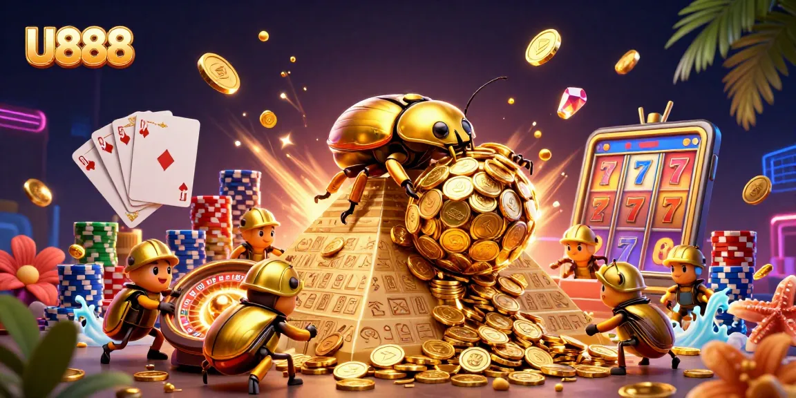 Experience thrilling gameplay at U888 with a golden dung beetle rolling coins in a vibrant casino scene.