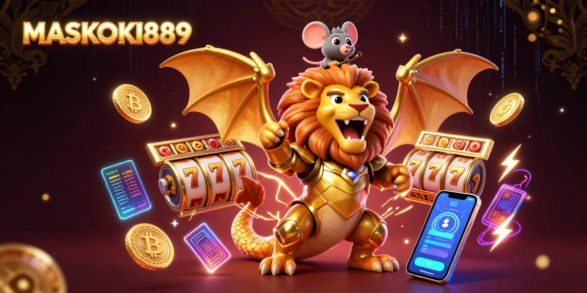 Engage with MASKOKI889's thrilling casino adventure featuring vibrant slot reels, golden chimera, and crypto elements.