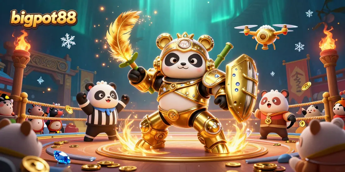 Menangkan jackpot di bigpot88 dengan ilustrasi 3D yang menampilkan panda emas di arena kasino