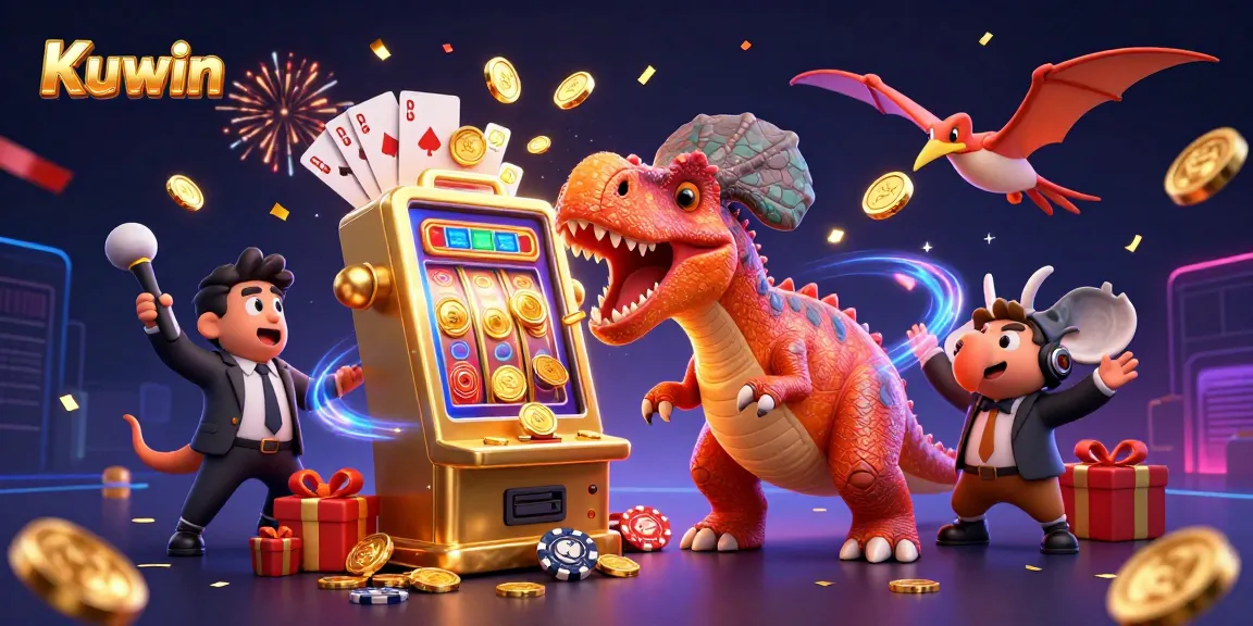 Kuwin casino illustration showing a dinosaur celebrating jackpot wins with dynamic slot elements